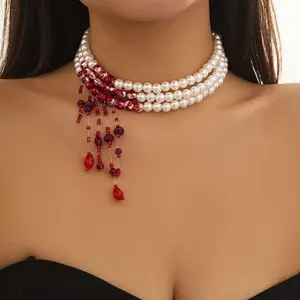 Goth Multilayer Red Blood  Choker Statement Necklace For Women Vintage Crystal Bead Halloween Jewelry