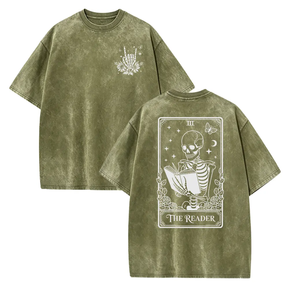 Women's The Reader Tarot Card Graphic T-Shirt - Smooth, Casual, Seamless Basic Skeleton Reading Tee, Bookish Gift for Tarot Lovers, Graphics, Shortsleeve, Solid, Cotton, Soft, Fabric, Tshirt, Round Neck