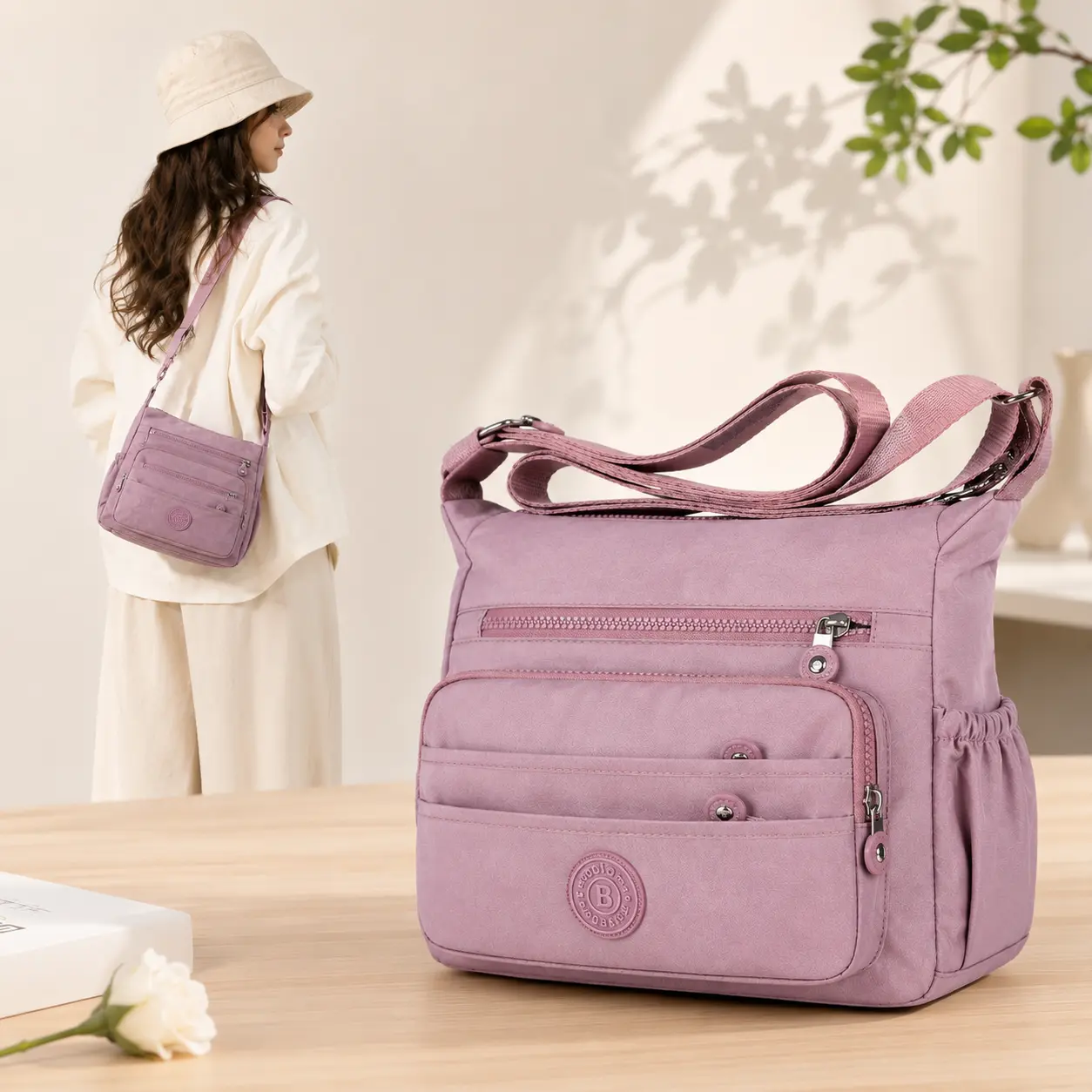 Casual Lightweight Nylon Crossbody Bag for Women, Multi-Compartment Zip Purse with Wide Adjustable Strap for Travel & Shopping