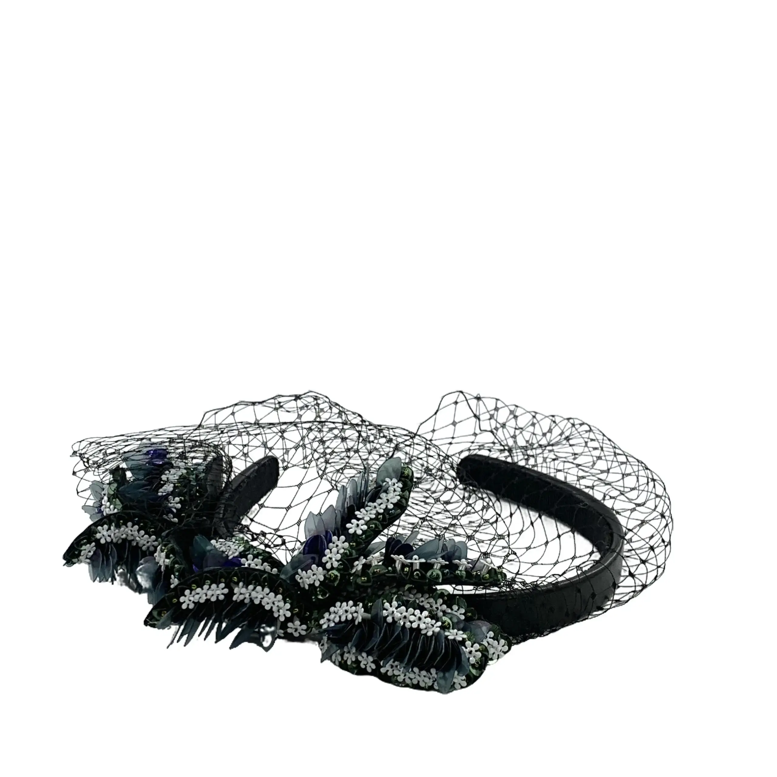 Pre-owned CALUXM Dior Black Floral Sequin Lambskin Mesh Headband Size One Size