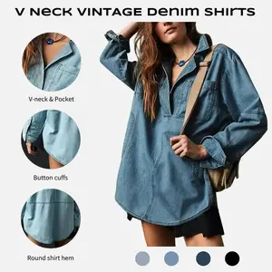 Women's denim pullover casual and comfortable button down V-neck shirt loose top long sleeved denim jacket with pockets