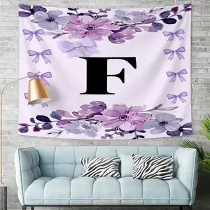 Romantic Floral Letter F Tapestry, Soft Purple Wall Tapestry Wall Hanging, Delicate Digital Print Decor for Bedroom, Living Room, & Nursery, Feminine Monogrammed Wall Art, Stylish Home Decor Piece