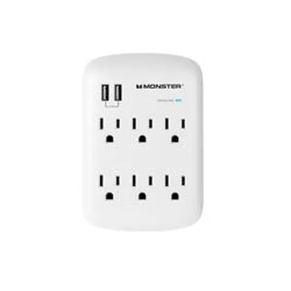 Monster 3001089 Surge Protector Power Filter - 1200J Rating, 125V, 1875W, 6 Grounded Outlets, 2 USB Outlets, Multi-Port Wall Tap, ETL/CETL Listed