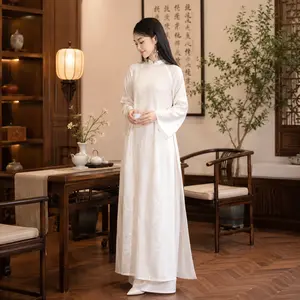Pure White Silk Ao Dai Dress, Traditional Asian Gown, Floral Jacquard Maxi Tunic, Minimalist Wedding Dress, Tea Ceremony Guest Attire