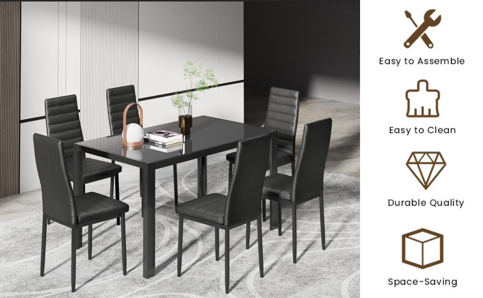 【2 Packages Shipping】Gizoon Glass Dining Table Sets for 6, 7 Piece Kitchen Table and Chairs Set for 6 Person PU Leather Modern Dining Room Sets for Home Kitchen Living Room Space-Saving Apartment