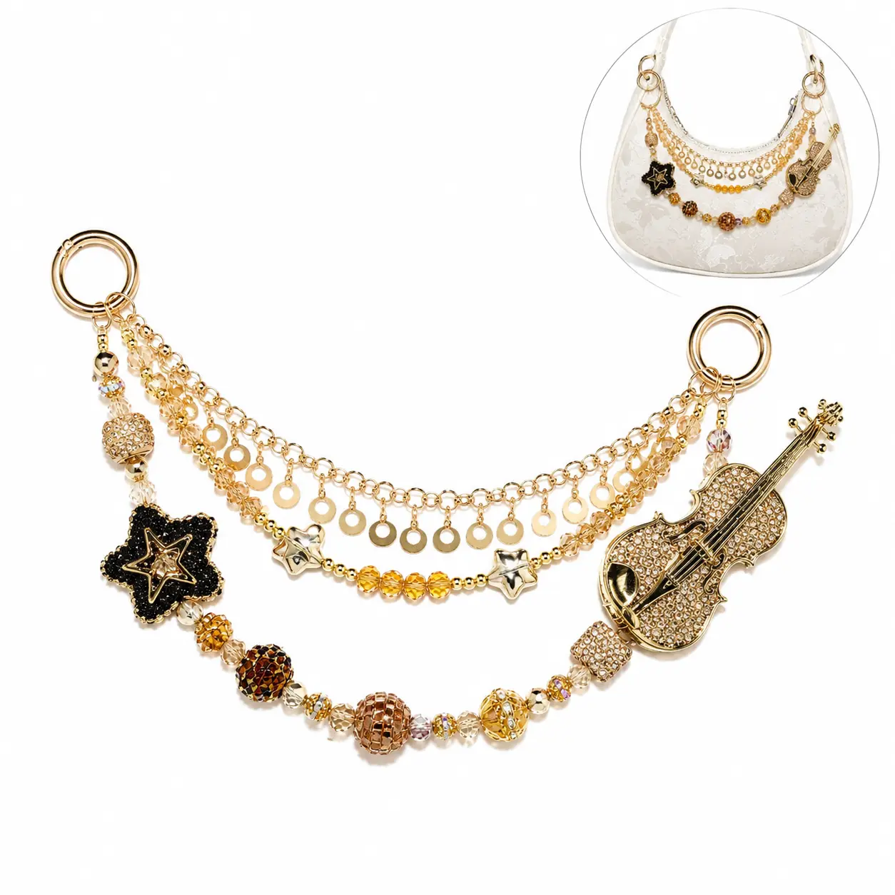 Crystal Decorative Charm Chain, Gold Beaded Pendant Ornament, Detachable Fashion Accessory for Daily & Bag Use BB-334