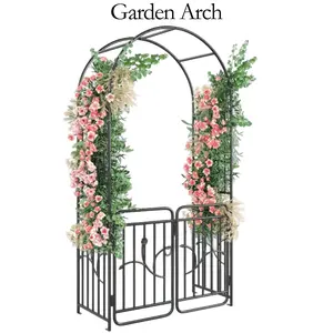 Garden Arch with Gate,  Heavy Duty Metal Garden Arbor Archway with Ground Stakes for Climbing Plants Outdoor,  Lawn Backyard Patio Wedding Party Ceremony Decoration, Christmas Decorations Pergola, Black