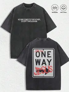 Christian "One Way Jesus" Graphic Tee Dark Washed Cotton Shirt With Front Text & Back Road Sign St y2k Vintage Streetwear Christmas Gift