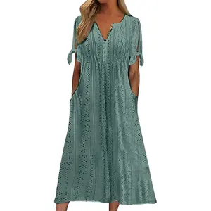 Long Dresses for Women 2025 Trendy Short Sleeve Boho Eyelet Tshirt Dress Casual Summer Beach Vacation Sundress