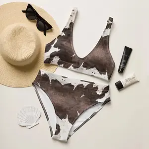 Women High Waist Cowhide Bikini Set Realistic Brown White Cow Print Western Cowgirl Comfy Swimsuit Stagecoach Country Festival Beach Summer Tanning