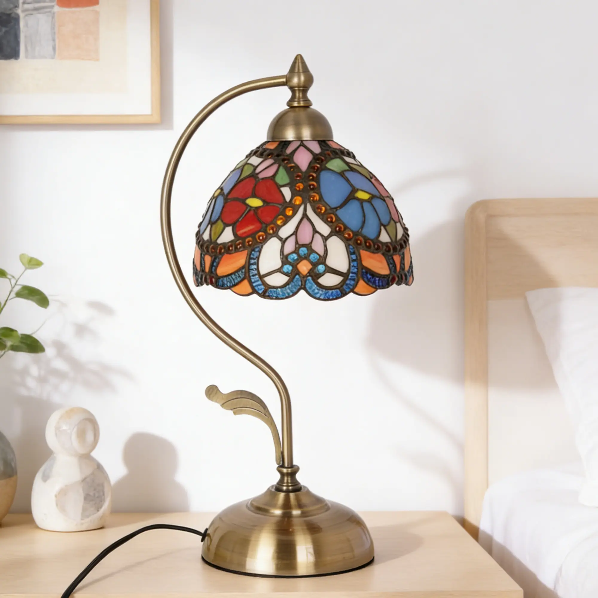 Vintage Tiffany Floral Bead Table Lamp, Hand-Spliced Multi-Color Stained Glass Curved Bronze Arm E26 Plug-In Night Light for Bedroom Bedside Boho Home Decor Gift