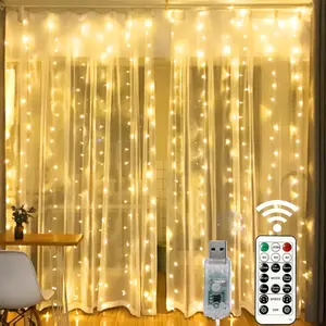 Window Curtain String Lights, 300 LED 8 Lighting Modes Fairy Copper Light with Remote, USB Powered for Christmas Party Wedding Home Decorations (Warm White)