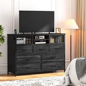 Raybee Compact Dresser with 7 Drawers, TV Stand for 43" TV with Charging Station & Mesh Door Storage, Wooden Top & Metal Frame, Perfect for Small Spaces in Bedroom, Living Room & Closet