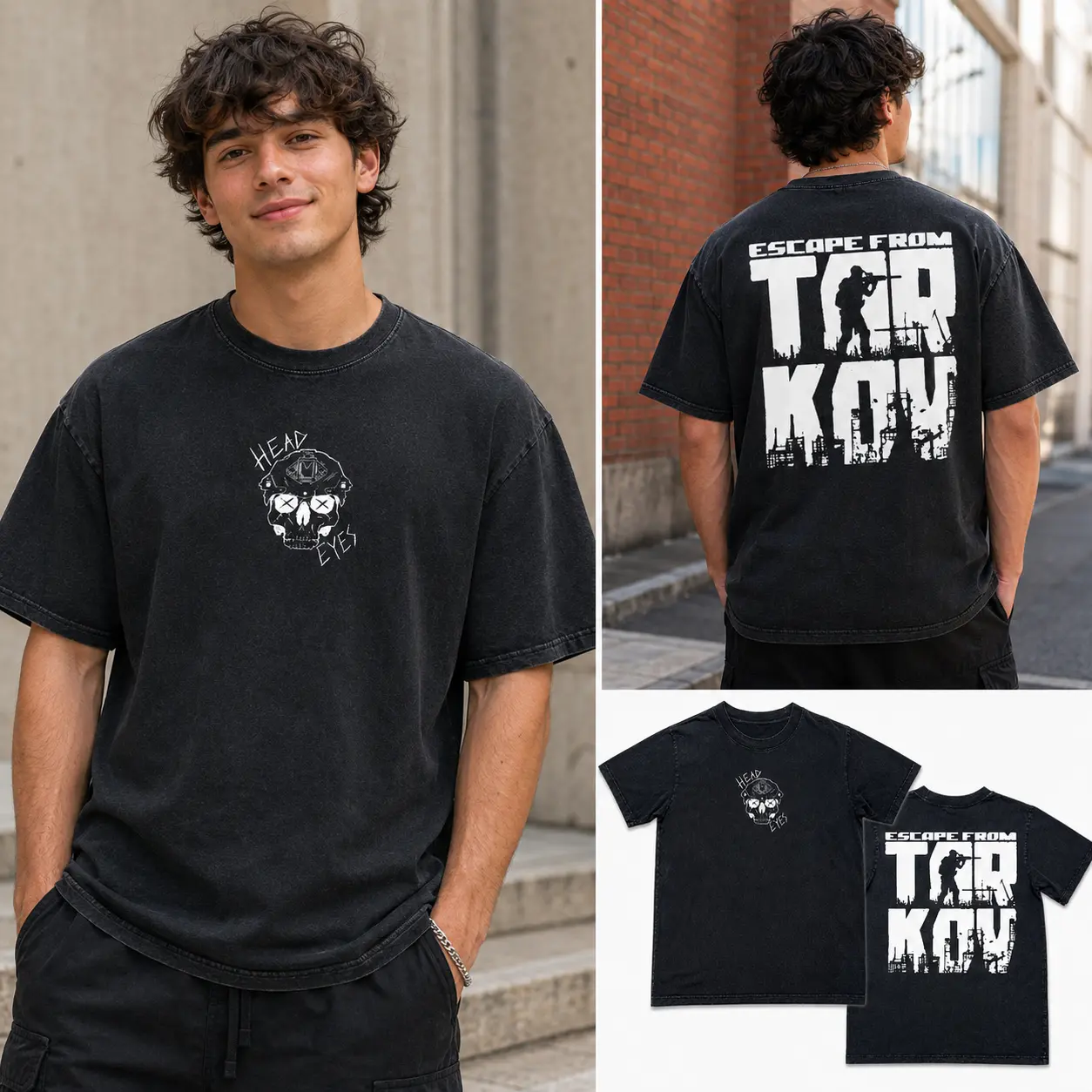Men's NEKO GEAR Escape From Tarkov Head Eyes Graphic T-Shirt - Tactical Shooter Gaming Washed Cotton Oversized Short-Sleeve Round Neck Ribbed Smooth Streetwear Top, Black Vintage, Garment, Print, Fabric, Casual, Breathable, Aesthetic, Cotton Fabric, Broke