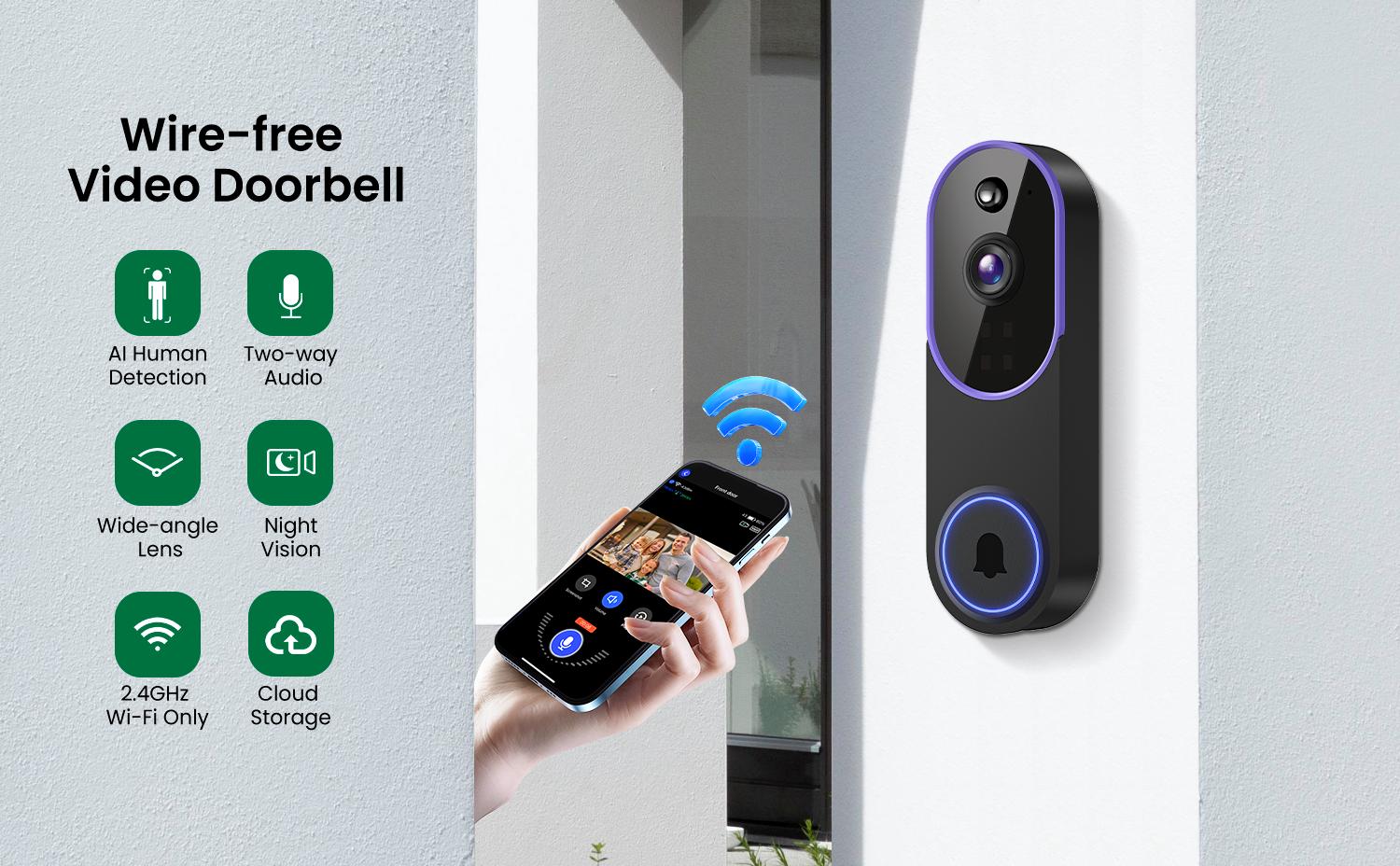 2PC Wireless Video Doorbell Camera, Smart Security Doorbell Camera, 1080P, AI Human Detection , Night Vision, Instant Alert, Two Way Audio, 2.4G WiFi Only, Simple Installation and Rechargeable Battery, Cloud Storage, WiFi Camera