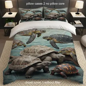 Three-Piece Turtle Print Bedding Set, Breathable Comfortable Printed Duvet Cover, All-Season Use, Polyester Fabric