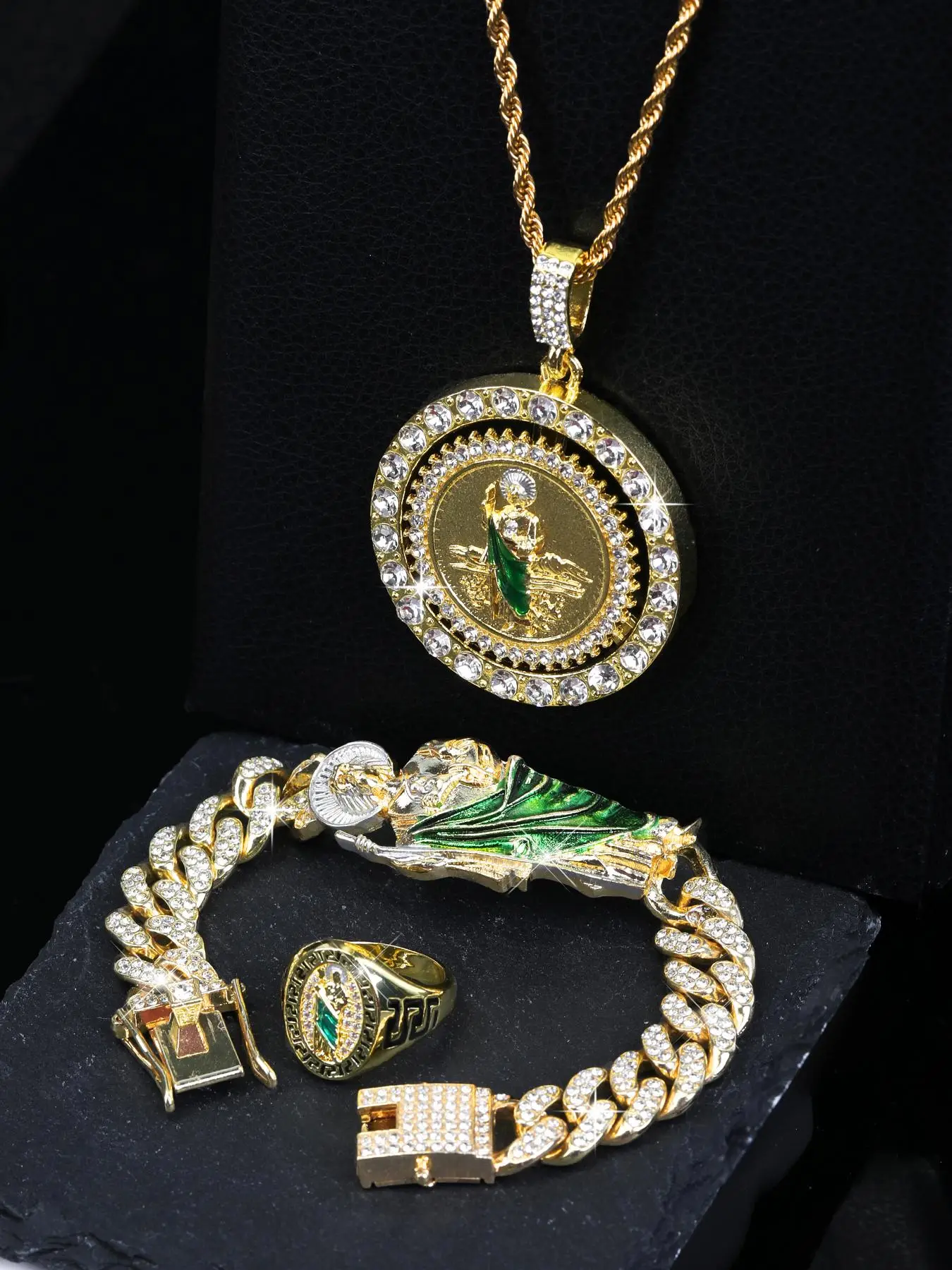 St. Jude Jewelry Set, Rhinestone Decorated Pendant Necklace & Ring & Bracelet, Fashion Jewelry for Party, Daily Clothing Decor, Trendy All-match & Exq