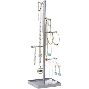 Jewelry Organizer Storage Jewelry Holder Stand with 10 Earring Hanger Rack, 6 Tiers Necklace Holder Tree with Bottom Tray for Women Girls Necklaces Earrings Bracelets Rings -Grey