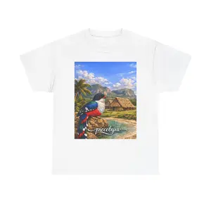 Tropical Parrot Landscape Tee | Island Cottage, Palm Trees, Scenic Sky