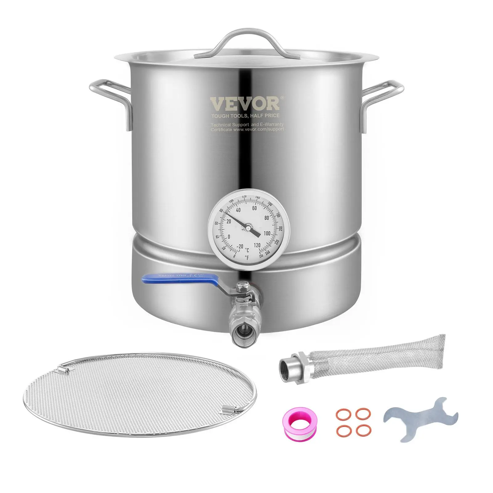 【Summerfinds】VEVOR Stainless Steel Kettle, Max. 16 GALLON Brewing Pot, Tri Ply Bottom for Beer, Brew Kettle Pot, Home Brewing Supplies Includes Lid, Handle, Thermometer, Ball Valve Spigot, Filter, Filter Tray Drinkware Jugs