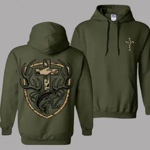 Christian Hunting and Fishing Hoodie - Camo Cross Deer Antler Bass Fish Graphic Pullover - Religious Outdoor Sportsman Sweatshirt - Hunter Gift Apparel