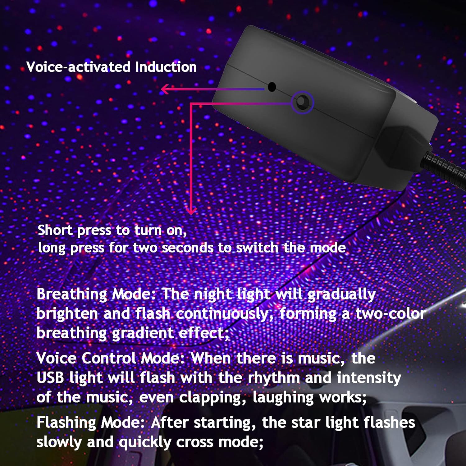 USB Star Projector Night Light, Portable Romantic Interior Car Roof Lights, Adjustable Star Lamp Projector Decorations for Car, Ceiling, Bedroom