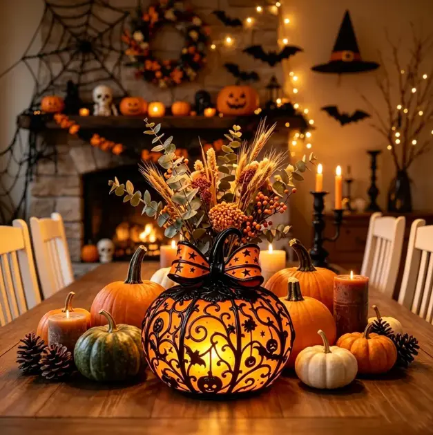 LED Halloween Pumpkin Lantern, Black Metal Cutout Night Light, Vintage Home Garden Decor Sculpture outdoor lawn statue Gothic Hollow decorative ornament funny decoration yard