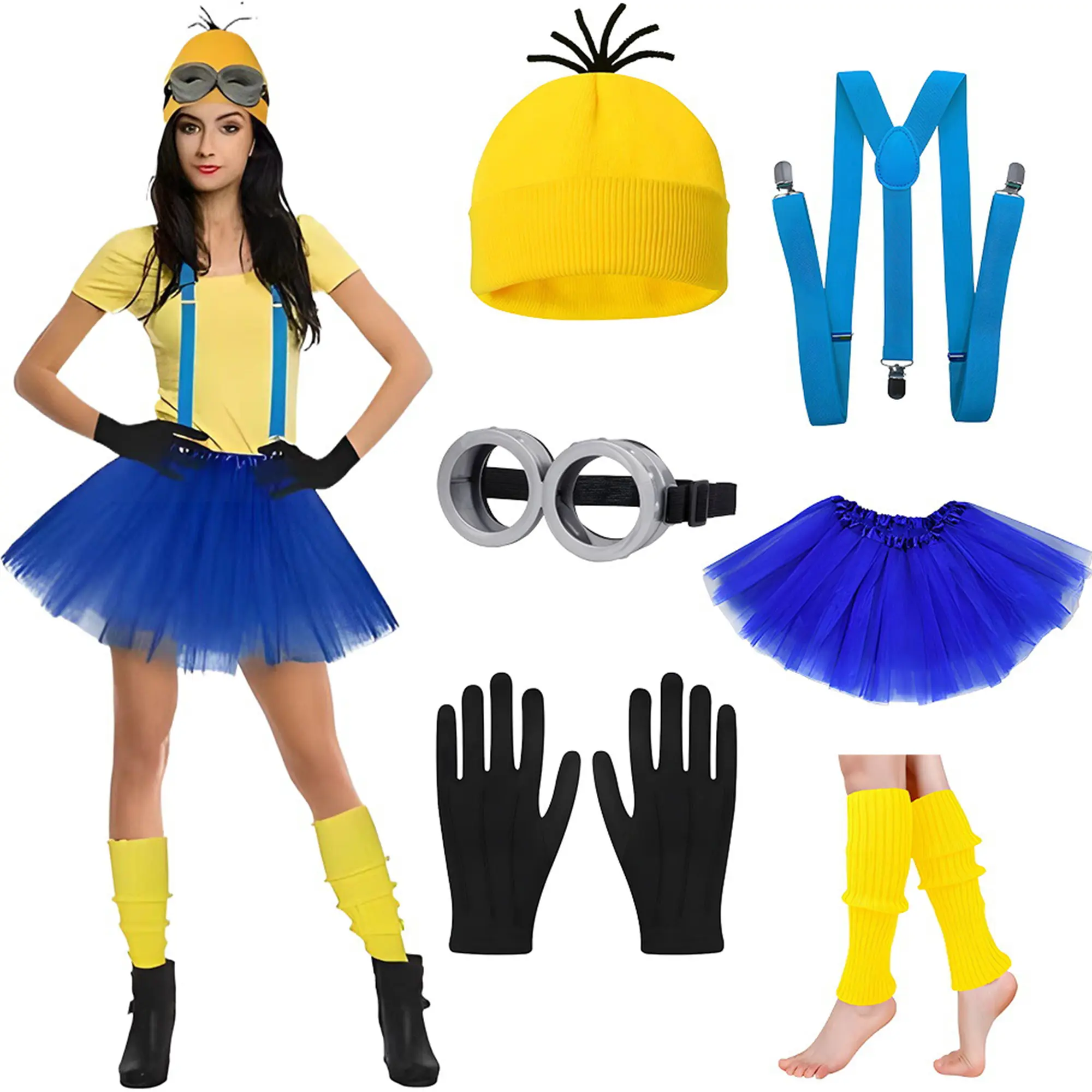 Halloween Costumes for Adults, Funny Adult Costumes for Women Minion Yellow Blue Costume Set with Tutu Skirt, Beanie Hat, Goggles, Suspenders, Leg Warmers and Gloves