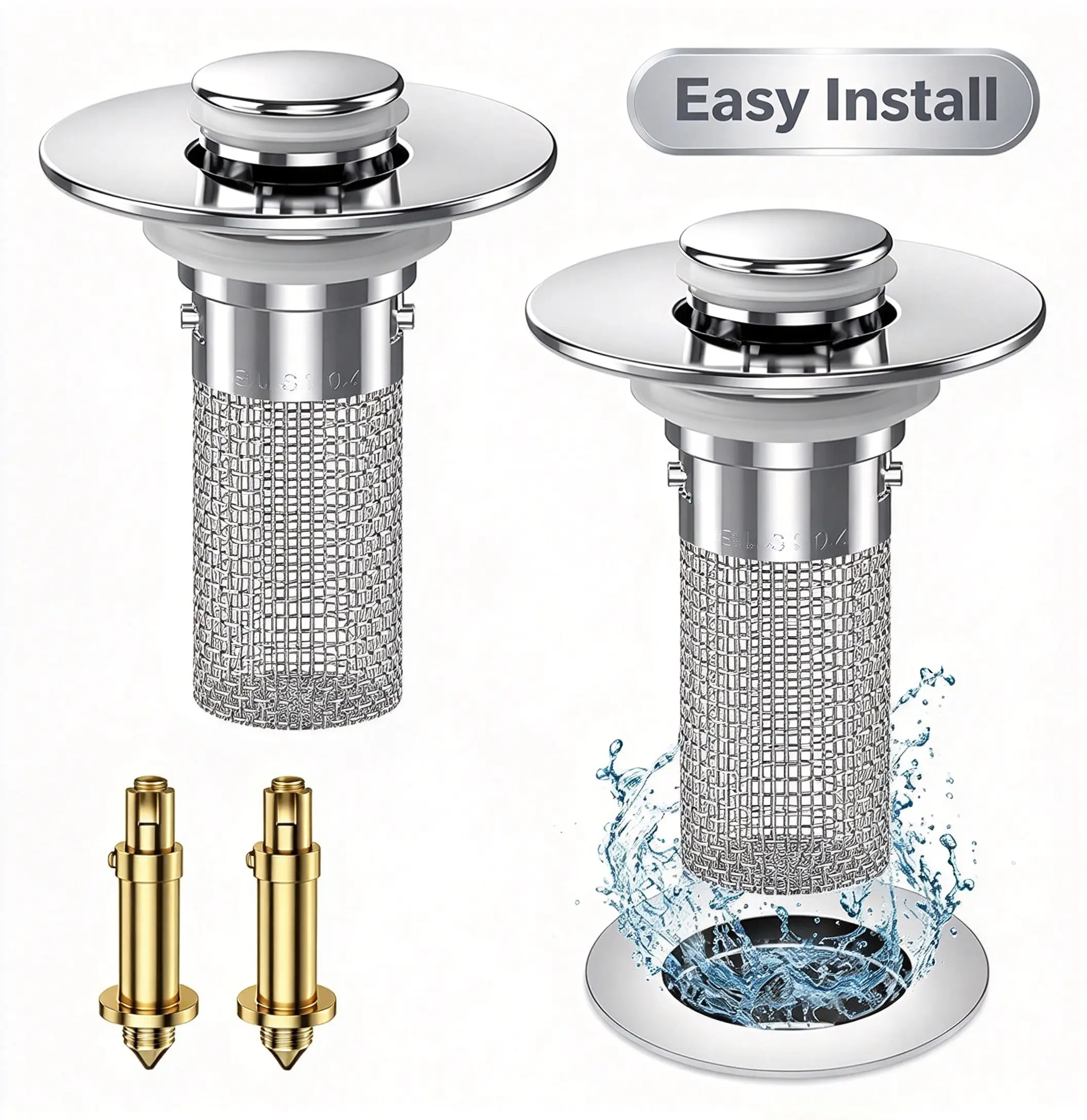 Magic 2-in-1 Sink Drain Stopper with Mesh Filter Basket, Brass Spring Core Pop Up Basin Plug, Catch Hair & Debris, Block Odor & Bugs for Standard Bathroom Vessel Sinks