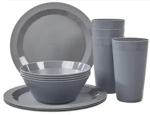 US Acrylic Newport Plastic Plate, Bowl and Tumbler Dinnerware Set for 4 in Grey Stone | 12-Piece Drinking and Dining Set | Reusable, BPA-free, Made in the USA, Top-rack Dishwasher Safe