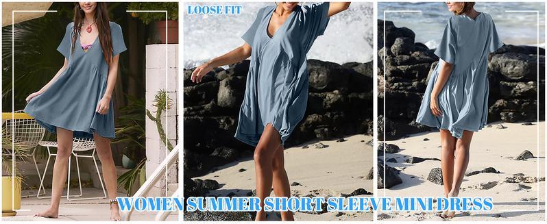 Mundoven Womens Summer Mini Dress Casual Short Sleeve Loose V Neck Swing Sundress with Pocket