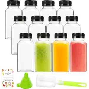 12 count 8oz Plastic Juice Bottles,  Juice Containers with Black Tamper Proof Lids, Brush, Funnel and Labels, Clear Juice Bottles for Juicing, Smoothie and Homemade Beverages