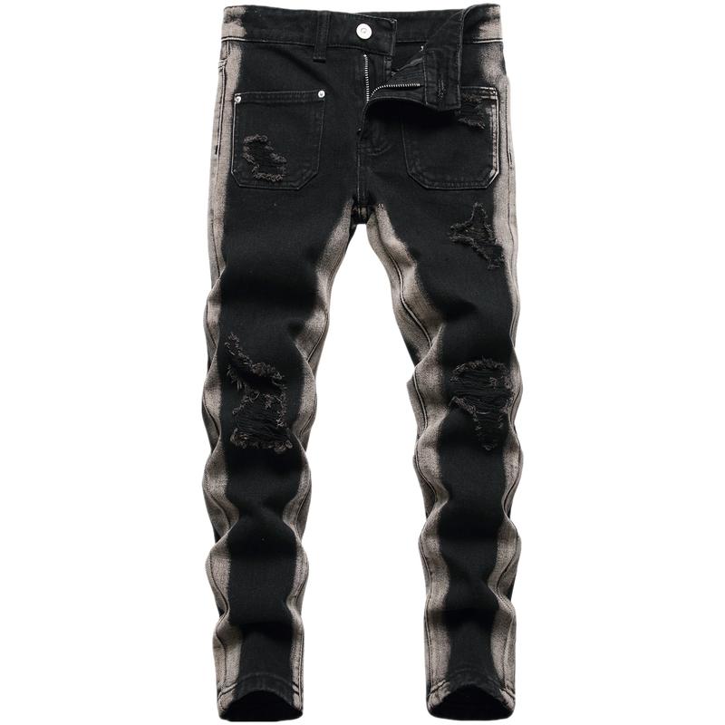 Boy's Embroidered Skinny Jeans Slim Fit Ripped Destroyed Distressed Fashion Denim Pants Black Jeans