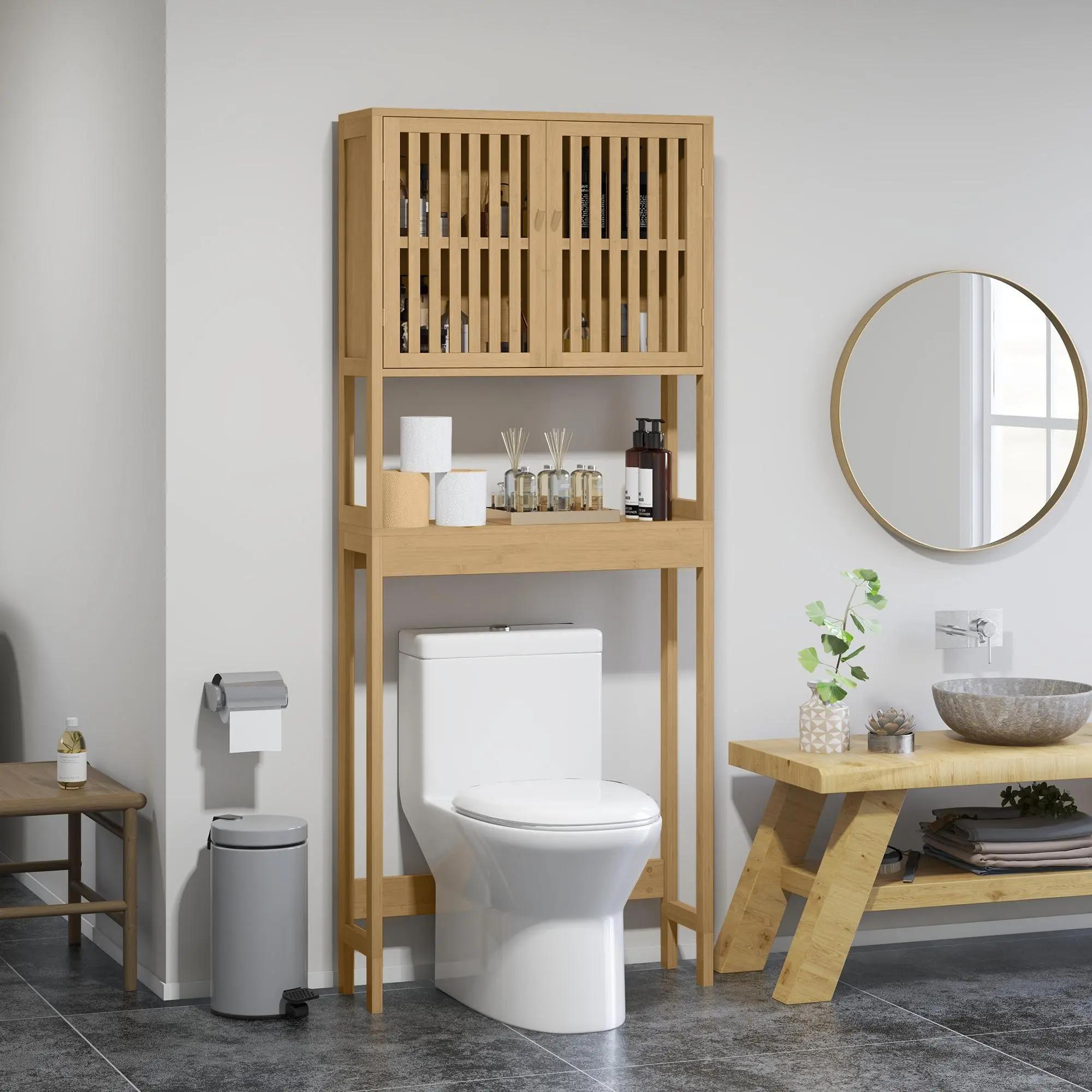Over the Toilet Cabinet Bamboo Bathroom Storage with Slatted Doors Adjustable Shelf 22.2" W x 8.5" D x 35.8" H Natural Varnished Bamboo MDF Quality Safe
