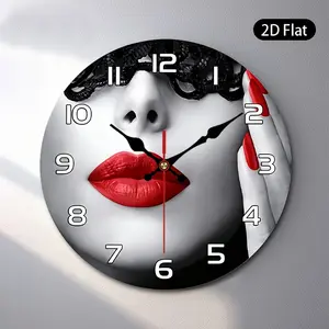 2D flat design. 1 piece set. Black lace eye mask red lip clock, silent decorative clock, creative clock, suitable for bedroom, living room, and office decoration, 25/30cm (excluding AA batteries), 2D flat version