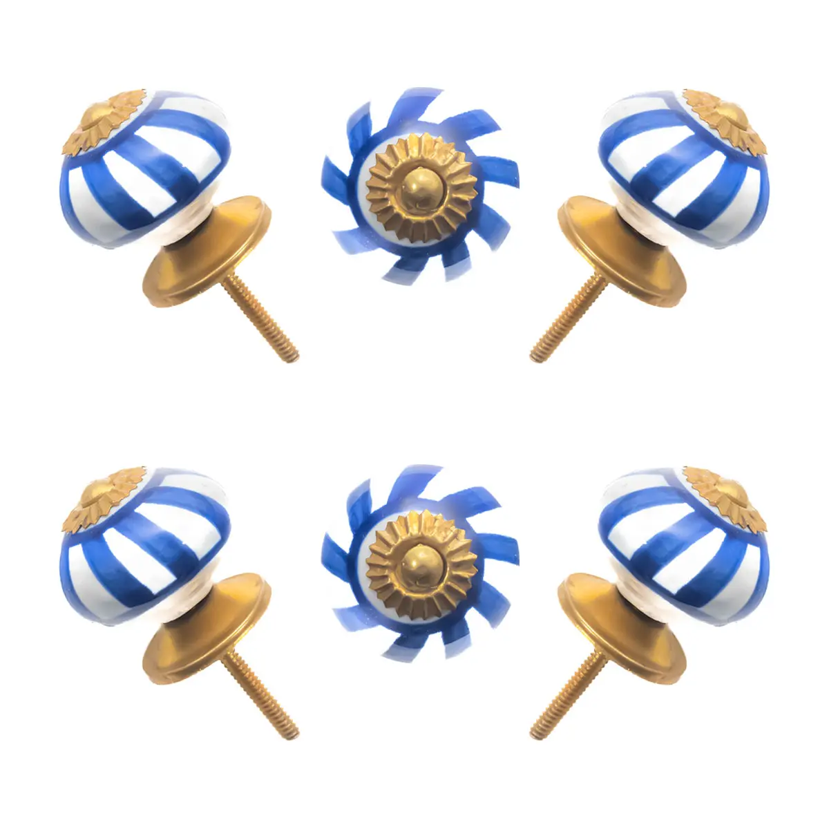 White Ceramic Knobs with Blue Swirl Line (Pack of 6) - 1.75 Inch Furniture Pulls by CDNY