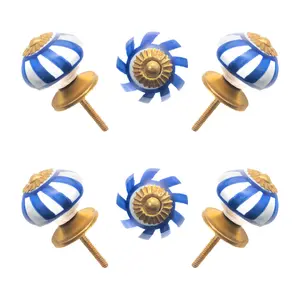 White Ceramic Knobs with Blue Swirl Line (Pack of 6) - 1.75 Inch Furniture Pulls by CDNY