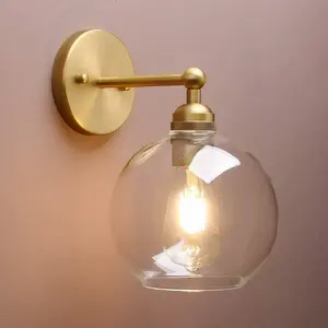 Brass Boho Vanity Vintage Gold Bathroom Wall Sconce, Indoor Hardwired Wall Mounted Industrial Fixture Lights with Double Hole Round Glass Lamp for Mirror, Living Room, Hallway