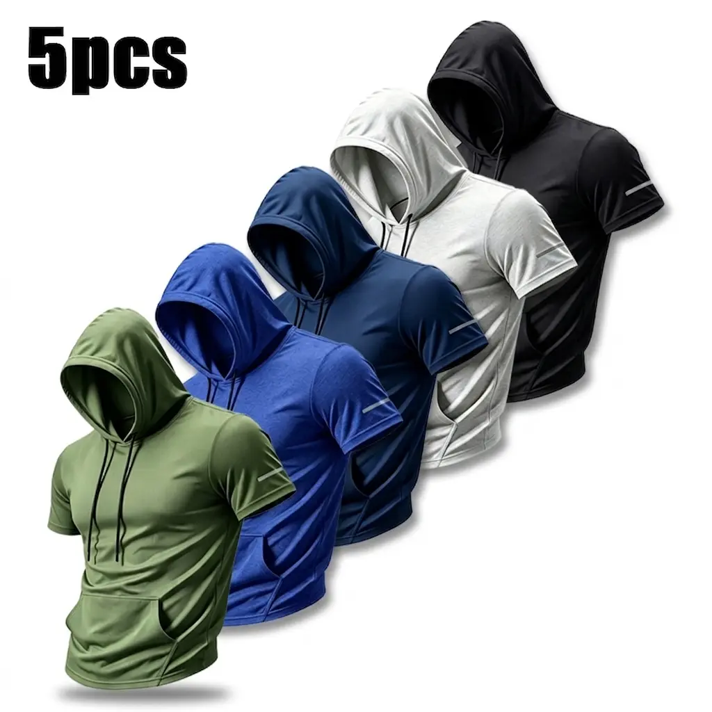 5-Pack Men’s Short Sleeve Hooded Workout Shirts, Quick Dry 4-Way Stretch Sweat-Wicking Fabric, Breathable Athletic Tops with Drawstring Hood & Front Pocket, Ideal for Fitness Training, Running, Sports and Daily Casual Summer Wear.