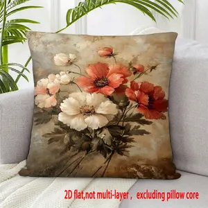 1pc Elegant Floral Decorative Pillowcase - Double-Sided Red White Peach Beige Brown Flowers, Contemporary Beige & Brown Sofa Cushion Cover with Zipper Closure, 2D Flat Print for Living Room, Bedroom, Home Decor - Compatible with Single/Double Layer Pillow