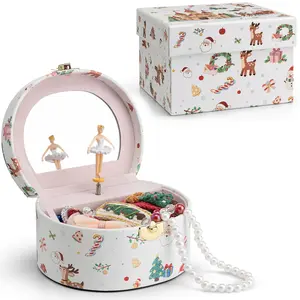 VLANDO Gifts for Girls Musical Jewelry Box with Ballerina Ornament Small Kid Music Box for Girls Kids Christmas White Half-moon Style Watercolor Design