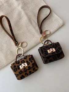2 Pcs Leopard Pattern Keychain Mini Leather Earbud Case, Casual All over Print Wallet Pendant, Women's Accessory Organizer