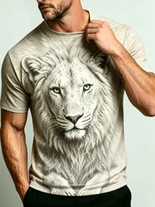 Men's 3D Lion Print T-Shirt, Round Neck Short Sleeve Animal Pattern Top, Summer Casual Classic Long Tee, Fitted Style, No Ca Prop 65