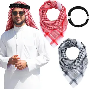 Bokon 2 Arab Check Headband,1 Arabian Men'S Hijab,Shemagh Aqel Rope Muslim Kafiya Keffiyeh Middle Eastern Head Wrap Tactical Desert Head Replacement Scarf Wrap Scarf Headwear Costume,Red and Black Bokon