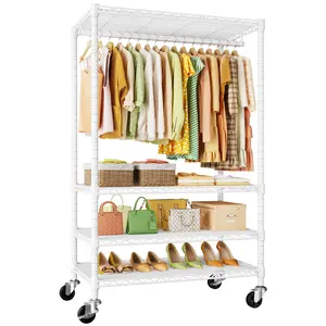 P9 Rolling Clothes Rack Heavy Duty, Clothing Racks for Hanging Clothes, 4 Tiers Garment Rack with Wheels, Metal Portable Closet Rack, 35.5" L X 15.8" W X 80.5" H, Max Load 445 LBS, White