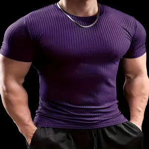 Men's Slim-Fit Ribbed Short Sleeve T-Shirt - Breathable Polyester & Elastane Blend, Crew Neck, Machine Washable Ideal for Fitness Casual Summer Wear, Athletic Tshirt | Neck Shirt Fabric