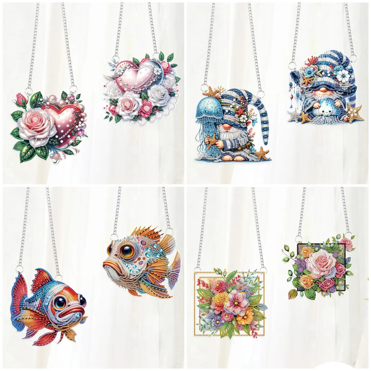 2pcs Love Rose/Fish/Flowers/Cartoon Gnome Special Shape Diamond Painting Hanging Pendants for Wall Window