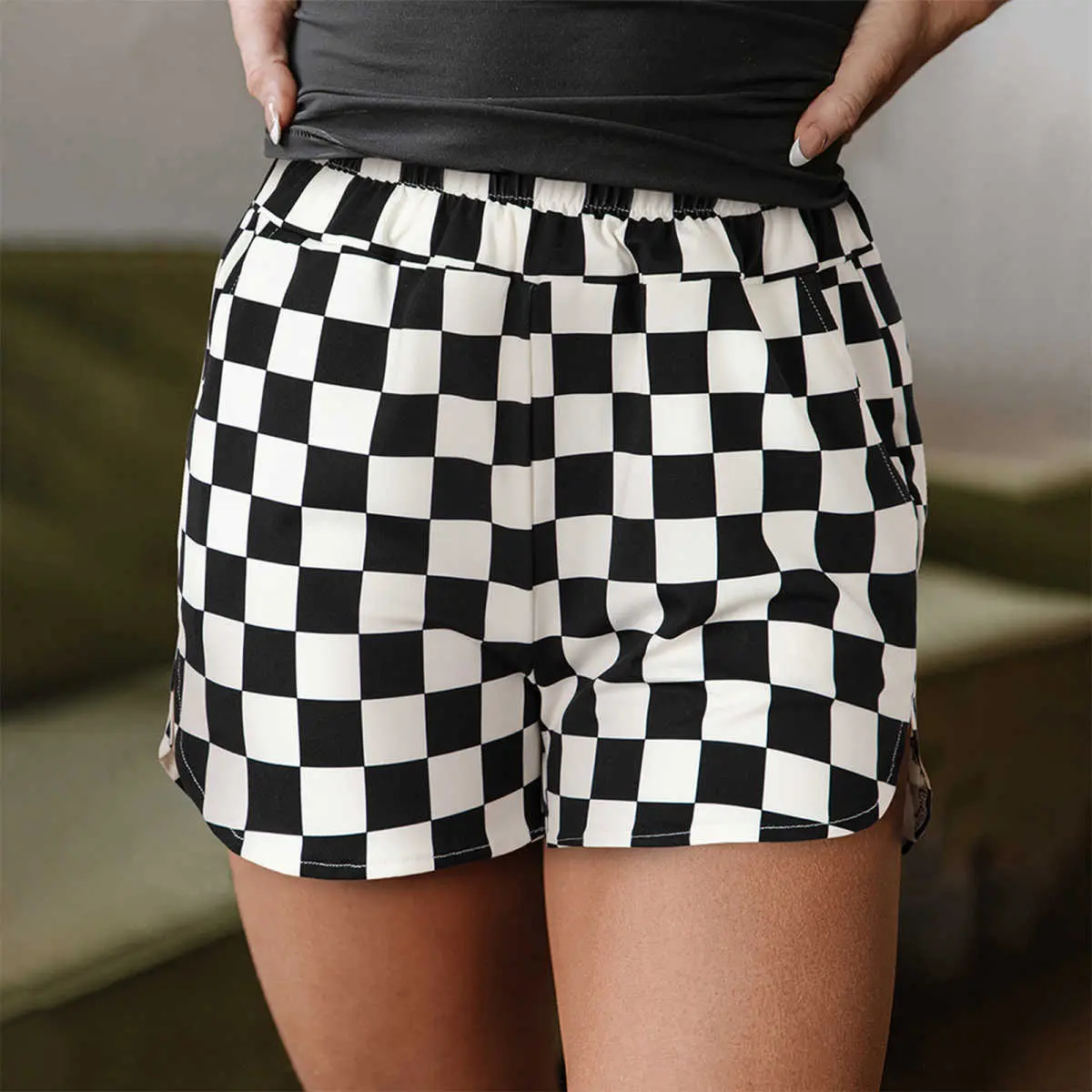 Black Checkered Print High Waist Casual Shorts