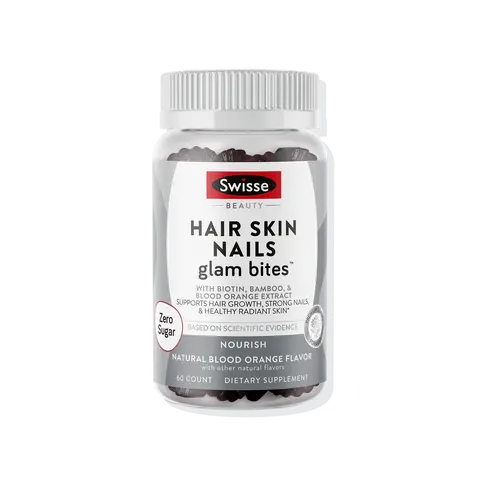 Swisse Hair, Skin, Nails Glam Bites – Biotin, Bamboo & Blood Orange – Supports Hair Growth, Stronger Nails & Radiant Skin – Zero Sugar Gummies for Adults – Natural Blood Orange Flavor, 60 Count