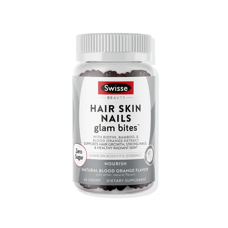Swisse Hair, Skin, Nails Glam Bites – Biotin, Bamboo & Blood Orange – Supports Hair Growth, Stronger Nails & Radiant Skin – Zero Sugar Gummies for Adults – Natural Blood Orange Flavor, 60 Count